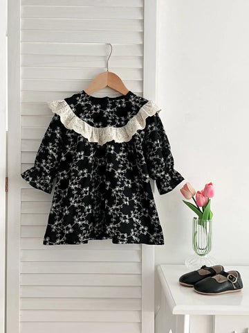 長袖ロンパース dress / 6M  66cm ベビーロンパース ワンピース フラワー花柄プリント レース フリル リンクコーデ 姉妹 お揃いコーデ