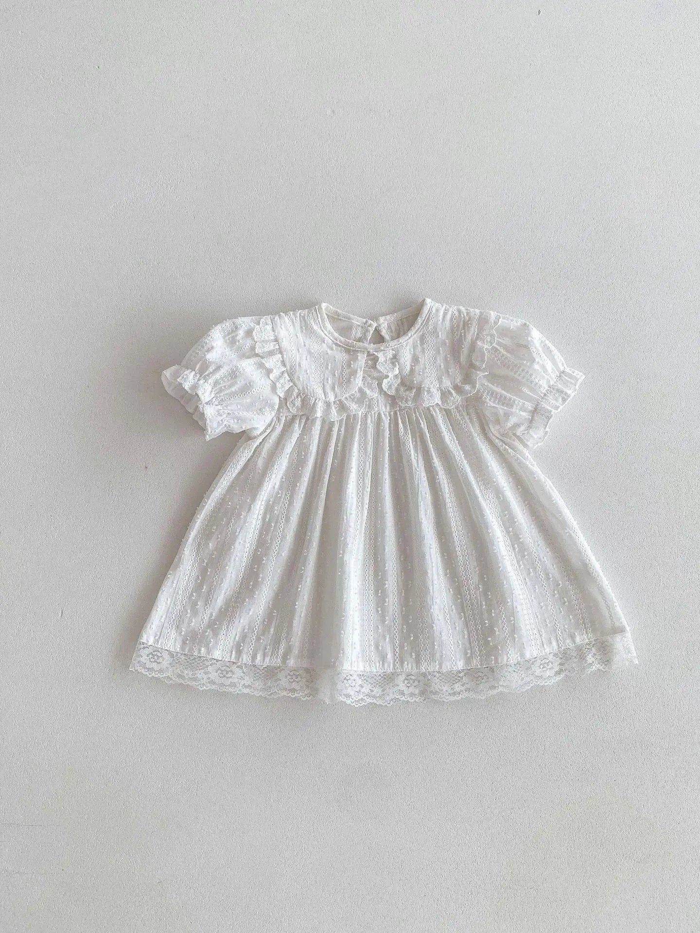半袖ロンパース dress / 6M  66CM ベビーロンパース/キッズワンピース 半袖パフスリーブ レースフリル襟 ホワイト リンクコーデ 姉妹 お揃いコーデ【mh0005457】