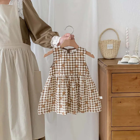 半袖セットアップ Dress / 73cm ベビーセットアップ 2点セット/ワンピース 半袖Tシャツ+ショートパンツ/ノースリーブワンピース ベアくまチェック リンクコーデ 兄弟姉妹 お揃いコーデ【mh0006269】