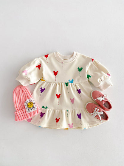 長袖セットアップ dress / 80cm キッズセットアップ 2点セット 長袖スウェットシャツ ロングパンツ 長袖ワンピース カラフルミッキーバルーンプリント リンクコーデ  姉妹兄弟 お揃いコーデ【mh0003844】