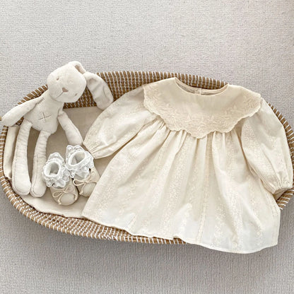 長袖ロンパース dress / 80cm / 取り寄せ（3〜14日） ベビーロンパース キッズワンピース 刺繍レース 長袖ドレス リンクコーデ 姉妹お揃い お出かけ ベージュ【mh0006169】