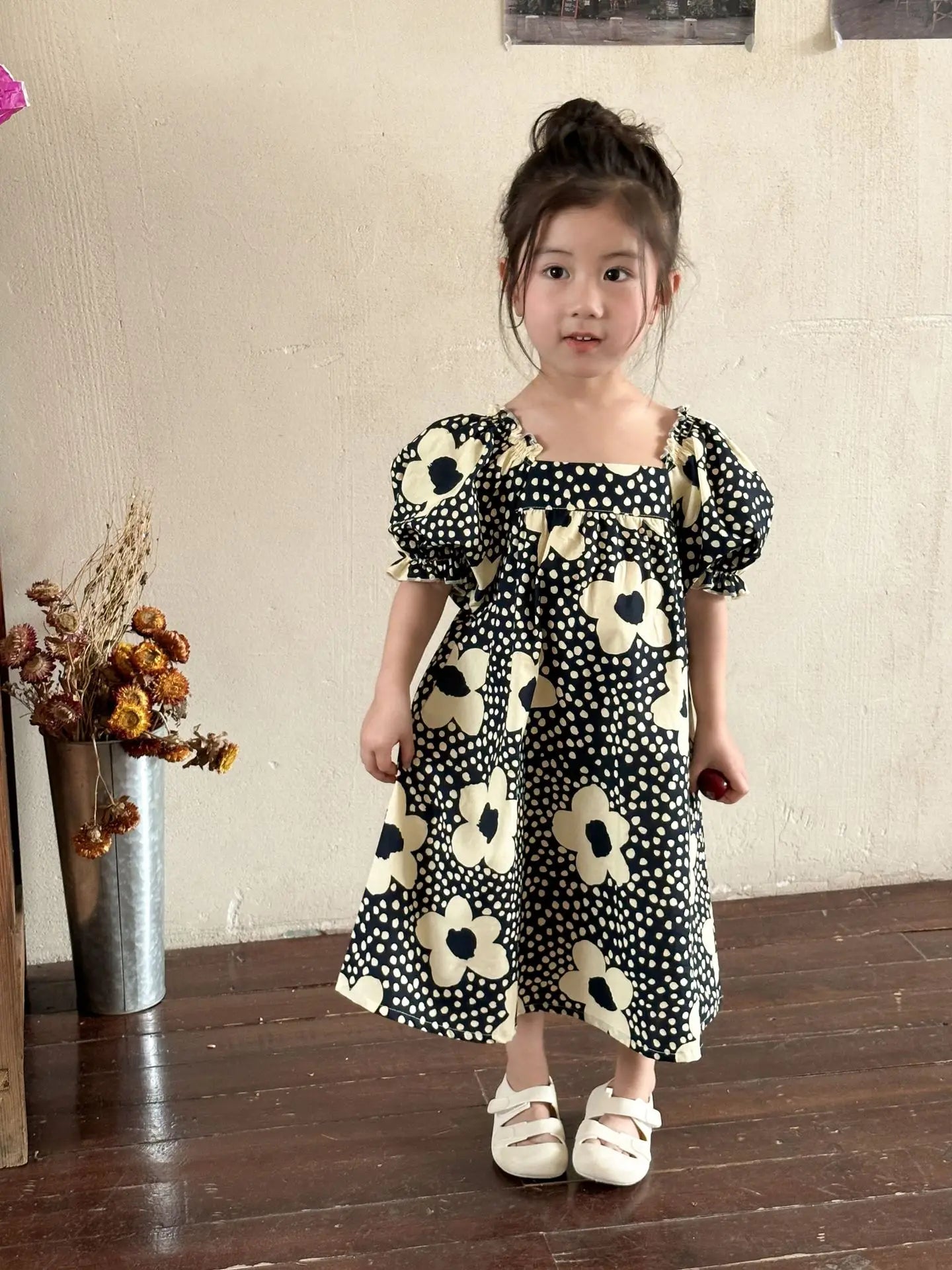 半袖セットアップ dress / 80cm 9-12m キッズセットアップ 2点セット/ワンピース ボーイズ半袖シャツ+ショートパンツ/ガールズ半袖パフスリーブワンピース 北欧風フラワープリント リンクコーデ 兄弟姉妹 お揃いコーデ