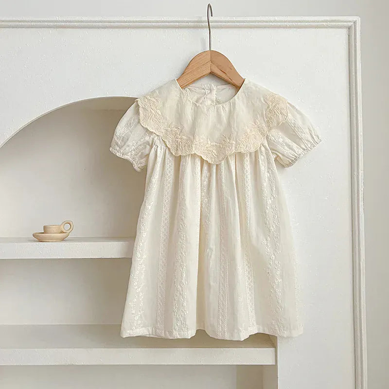 半袖ロンパース dress / 90cm ベビーロンパース/キッズワンピース 半袖 ビッグ襟 レースフラワー花柄刺繍 リンクコーデ 姉妹 お揃いコーデ【mh0005325】