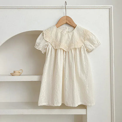 半袖ロンパース dress / 90cm ベビーロンパース/キッズワンピース 半袖 ビッグ襟 レースフラワー花柄刺繍 リンクコーデ 姉妹 お揃いコーデ【mh0005325】