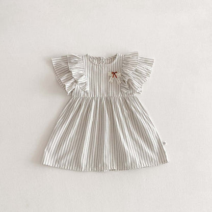 半袖セットアップ dress / 90cm ストライプフリル半袖ワンピース/半袖シャツ+ショートパンツセット リンクコーデ【mh0010341】