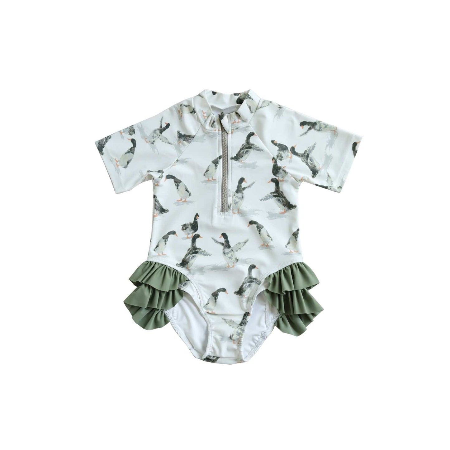 ベビー用水着 duck / 80 キッズ水着 ダックあひる/キツネプリント ガールズ半袖スイムウェア 帽子セット【mh0009081】