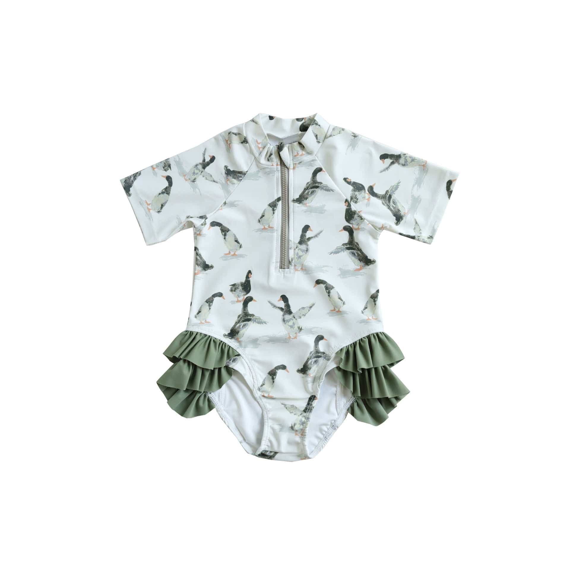 ベビー用水着 duck / 80 キッズ水着 ダックあひる/キツネプリント ガールズ半袖スイムウェア 帽子セット【mh0009081】