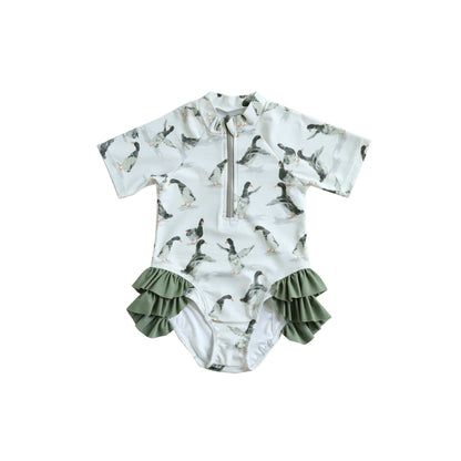 ベビー用水着 duck / 80 キッズ水着 ダックあひる/キツネプリント ガールズ半袖スイムウェア 帽子セット【mh0009081】