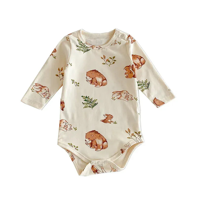 ロンパースセットアップ DZ41608 Bodysuit / 3-6M 66cm ベビーロンパース/パンツ/ボンネット フォレストアニマルプリント長袖ボディスーツ/ロングパンツ/帽子 4デザイン【mh0006931】