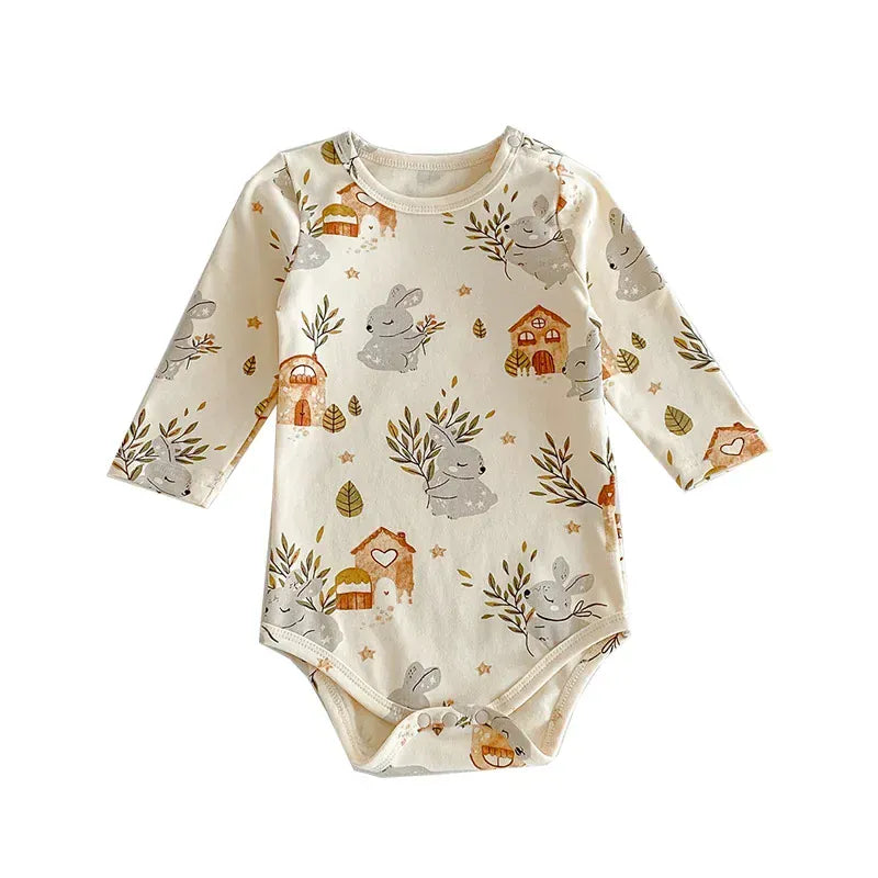 ロンパースセットアップ DZ41978 Bodysuit / 3-6M 66cm ベビーロンパース/パンツ/ボンネット フォレストアニマルプリント長袖ボディスーツ/ロングパンツ/帽子 4デザイン【mh0006931】