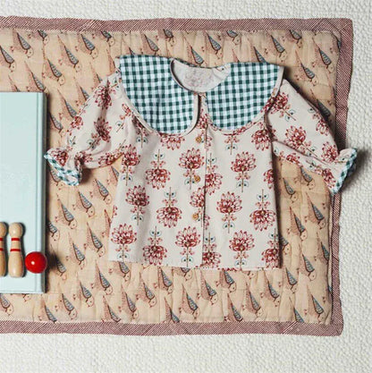 半袖シャツ・ブラウス E / 80cm キッズトップス 半袖パフスリーブブラウス レトロ チェック/フラワ花柄プリント【mh0005920】