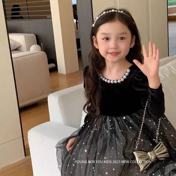 長袖ワンピース Fleece Autumn Winter / 90cm キッズワンピース スパンコールチュールスカート長袖パフスリーブドレスワンピース パーティ発表会【mh0009201】