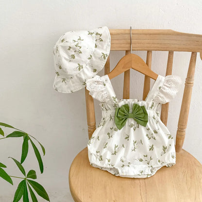 ノースリーブロンパース Floral / 0-6M 66cm ベビーロンパース 帽子セット ノースリーブボディスーツ レースフリル リボン チューリップハットセット【mh0006553】
