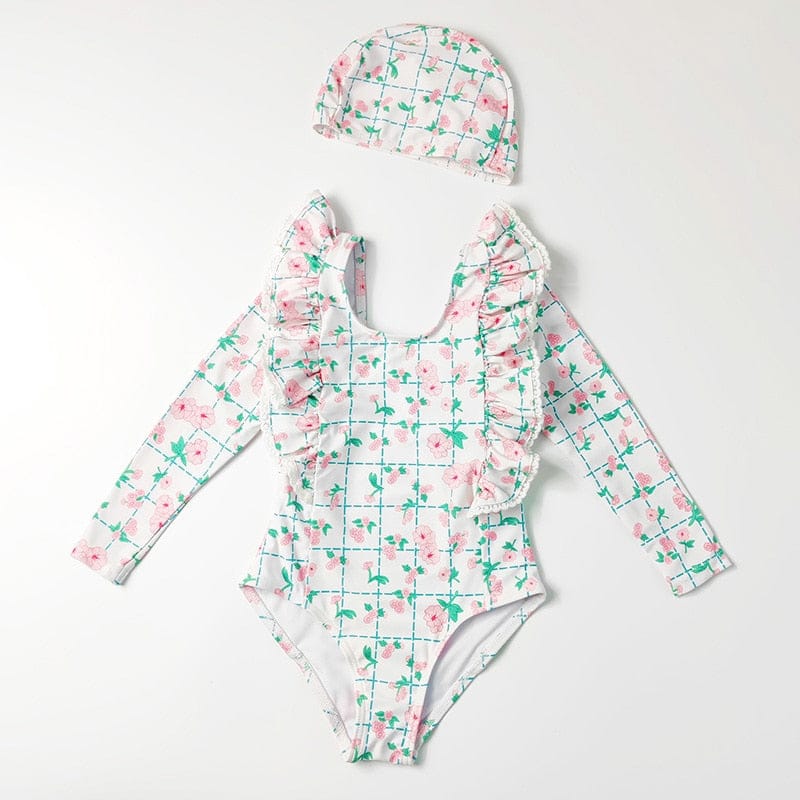 ベビー用水着 Floral / 100cm キッズ 水着 長袖 ワンピース フリル フラワー 花柄 チェック スイムウェア 帽子 セット ガールズ【mh0001992】