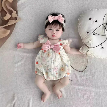 ノースリーブロンパース floral / 59cm / 取り寄せ（3〜14日） ☺︎ ベビーロンパース フリルショルダー サスペンダーボディスーツ リボン レトロフラワープリント