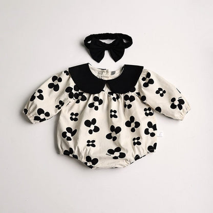 長袖ロンパース floral / 66cm ベビー服 ロンパース レトロ フラワー 長袖 リボンヘアバンド セット モノトーン 女の子
