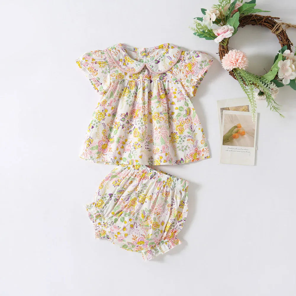 半袖セットアップ Floral / 66cm ベビーセットアップ 2点セット 丸襟 半袖チュニックブラウス+フリルブルマパンツ フラワー花柄プリント【mh0005499】