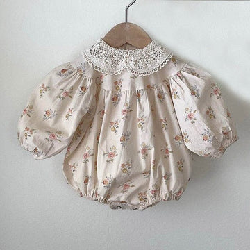 長袖ロンパース floral / 66cm ベビー フラワー 花柄 レースカラー 長袖 パフスリーブ ロンパース ガールズ 6983
