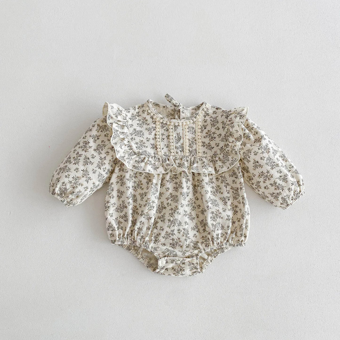 長袖ロンパース Floral / 66cm ベビーロンパース 長袖フリルボディスーツ フラワー花柄プリント レース【mh0004930】