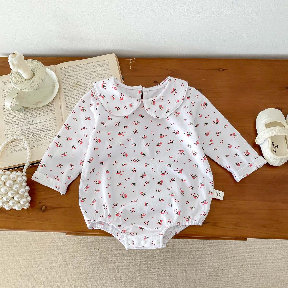 長袖ロンパース Floral / 6M/66cm ベビー 丸襟 フラワー チェック 無地 長袖 シンプル ロンパース【mh0001564】