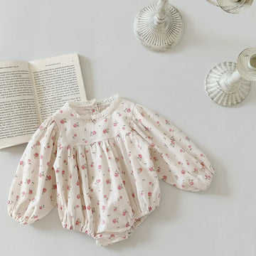 長袖ロンパース Floral / 6M  66CM ベビーロンパース 長袖ボディスーツ フラワー小花柄プリント レース【mh0004814】