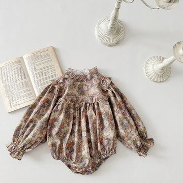 長袖ロンパース Floral / 6M  66CM ベビーロンパース 長袖ボディスーツ フリルスタンドカラー フラワー花柄プリント【mh0006387】
