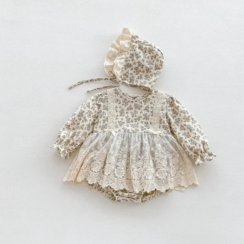 長袖ロンパース Floral / 6M 66cm ベビーロンパース ボンネットセット 長袖レーススカートドッキングボディスーツ 帽子セット フラワー花柄プリント【mh0006502】