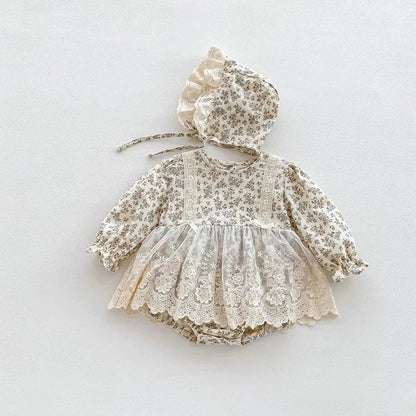 長袖ロンパース Floral / 6M 66cm ベビーロンパース ボンネットセット 長袖レーススカートドッキングボディスーツ 帽子セット フラワー花柄プリント【mh0006502】