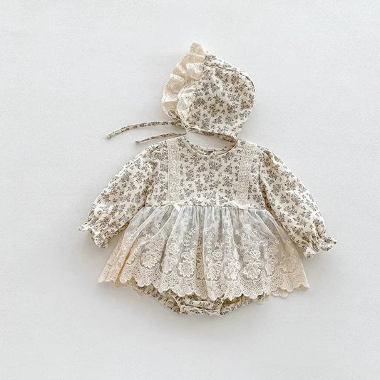 長袖ロンパース Floral / 6M 66cm ベビーロンパース ボンネットセット 長袖レーススカートドッキングボディスーツ 帽子セット フラワー花柄プリント【mh0006502】