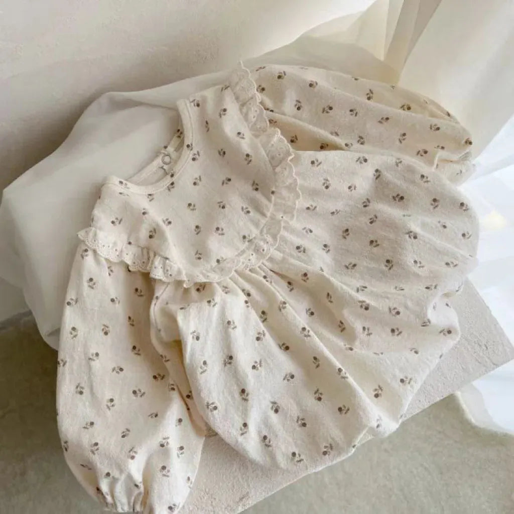 長袖ロンパース Floral / 6M  66CM ベビーロンパース レースフリルフラワープリント/無地長袖パフスリーブボディスーツ【mh0008119】