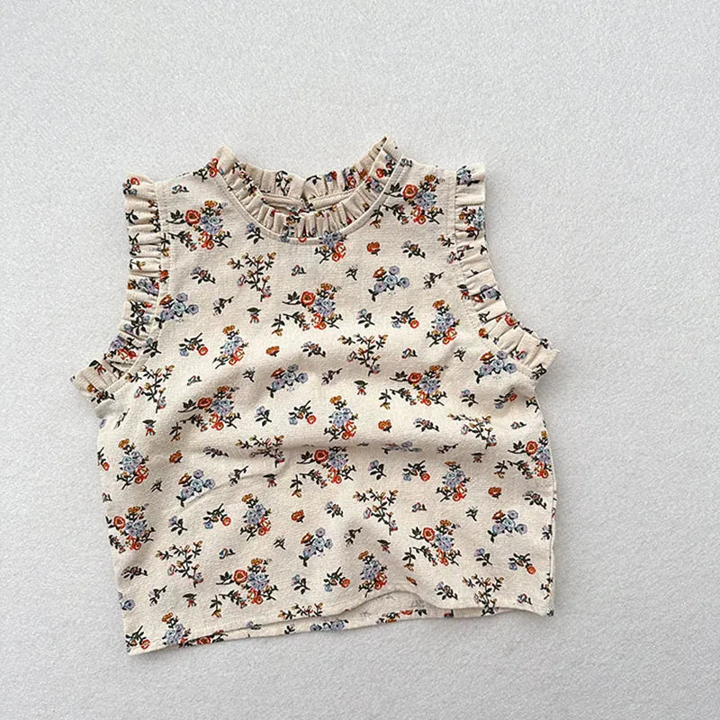 タンクトップ・キャミソール・ノースリーブトップス Floral / 80cm キッズトップス スタンドフリル ノースリーブブラウス 無地/フラワー小花柄プリント【mh0005506】