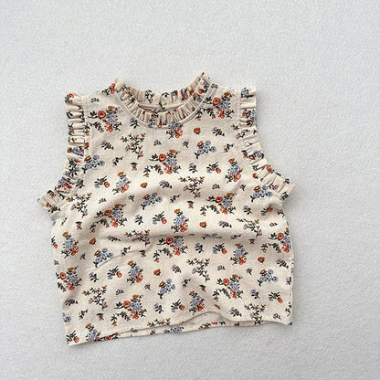 タンクトップ・キャミソール・ノースリーブトップス Floral / 80cm キッズトップス スタンドフリル ノースリーブブラウス 無地/フラワー小花柄プリント【mh0005506】