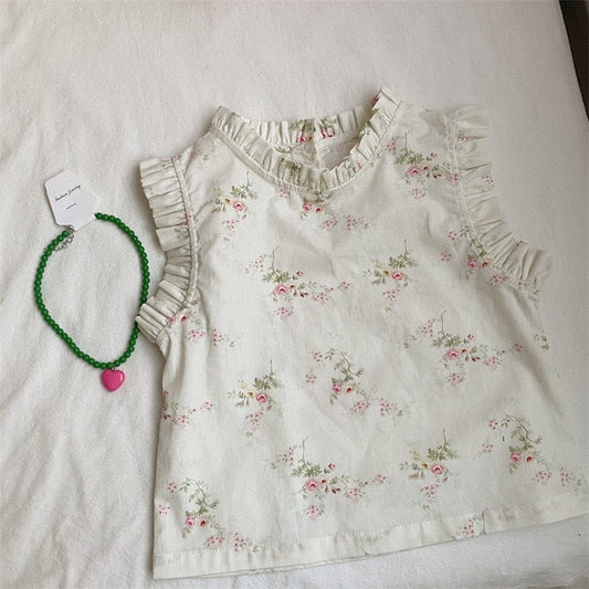 タンクトップ・キャミソール・ノースリーブトップス floral Printed / 18M/80cm キッズ フラワー 小花柄 無地 ラッフルフリル ノースリーブ ブラウス トップス アプリコットベージュ ホワイト ガールズ
