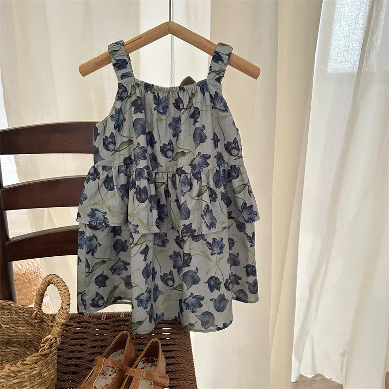 ノースリーブワンピース floral printed / 80cm キッズワンピース キャミソール フリル サマードレス フラワー花柄プリント