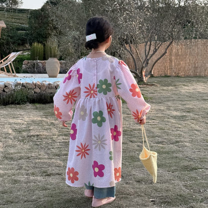 長袖ワンピース Flower / 90cm キッズワンピース カラフルレトロフラワープリント長袖ルーズワンピース【mh0009191】