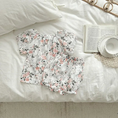 半袖セットアップ Flower Deer Elf / 80cm キッズセットアップ 2点セット ダブルガーゼ 半袖スモックブラウス+バルーンショートパンツ ボタニカルプリント ルームウェア 4カラー【mh0004895】