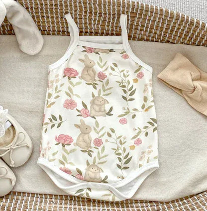 ノースリーブロンパース flower rabbit / 66cm 0-6m ベビーロンパース キャミソールボディスーツ ラビットうさぎマッシュルームきのこ水玉ドットプリント【mh0005348】