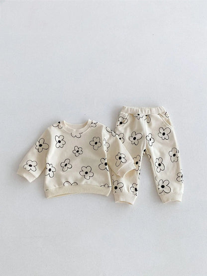 長袖セットアップ flower set / 9M  73cm ベビーキッズセットアップ 2点セット スウェットシャツ+スウェットパンツ レトロフラワー/カラフルラビットプリント