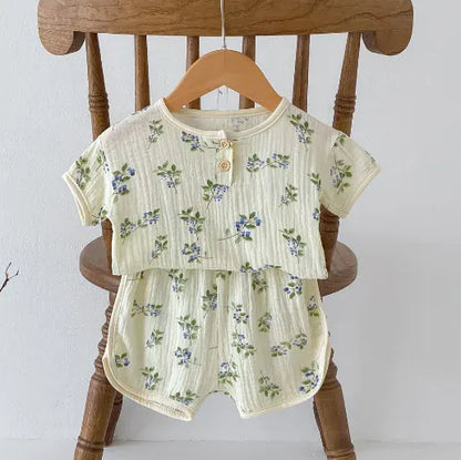 半袖パジャマ flowers / 66cm 0-6m ベビーセットアップ 2点セット パジャマ 半袖シャツ+ショートパンツ ルームウェア 3柄