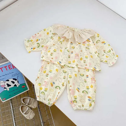 長袖パジャマ flowers / 73cm 6-9M ベビーキッズパジャマ プリント柄ラッフルフリル襟長袖ブラウス+ロングパンツ 3デザイン【mh0007481】