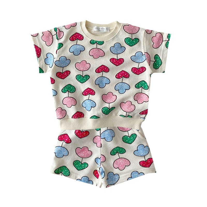 半袖セットアップ Flowers / 73cm ベビー キッズ セットアップ 半袖 Tシャツ ショート パンツ フラワー チーズ スマイル ハート ミーアキャット【mh0000687】