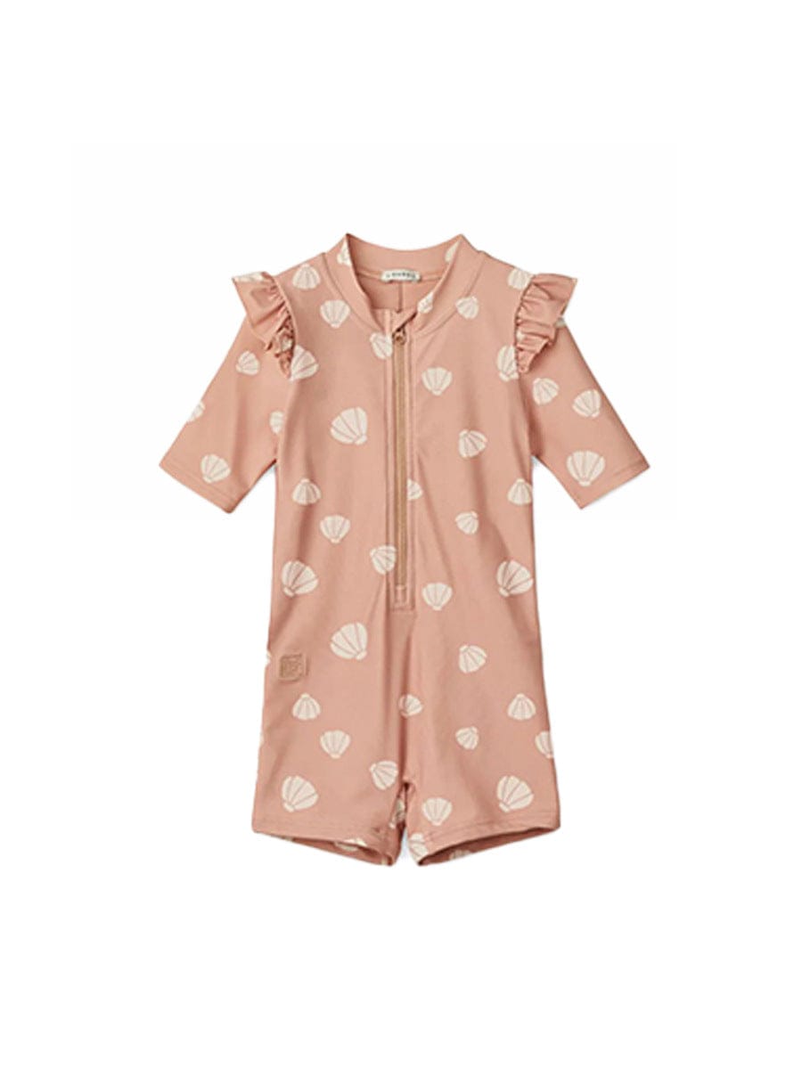 ベビー用水着 Flying sleeve swimsuit pink shell [swimsuit + swimming cap] / 80 ガールズ水着 半袖つなぎスイムウェア ラッシュガード【mh0009348】