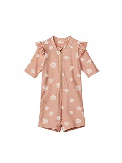 ベビー用水着 Flying sleeve swimsuit pink shell [swimsuit + swimming cap] / 80 ガールズ水着 半袖つなぎスイムウェア ラッシュガード【mh0009348】