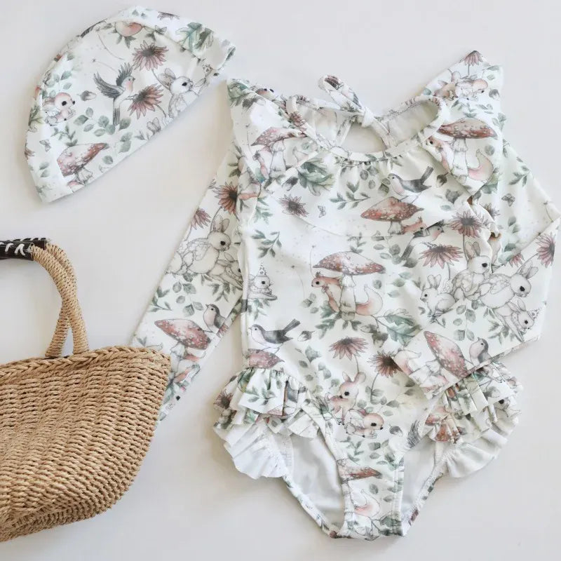 ベビー用水着 Forest Park / 80cm キッズ水着 ガールズ 長袖ワンピース+帽子セット フリル ラビットうさぎプリント スイムウェア【mh0005985】