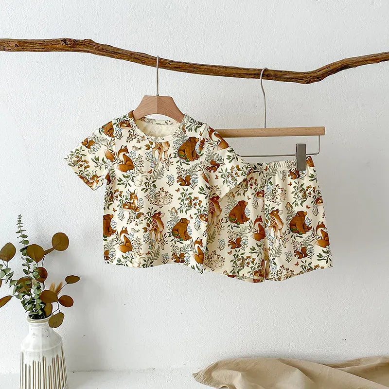 半袖セットアップ forest party / 9-12M 80cm キッズセットアップ 2点セット 半袖Tシャツ+ショートパンツ ルームウェア アニマルプリント【mh0005917】