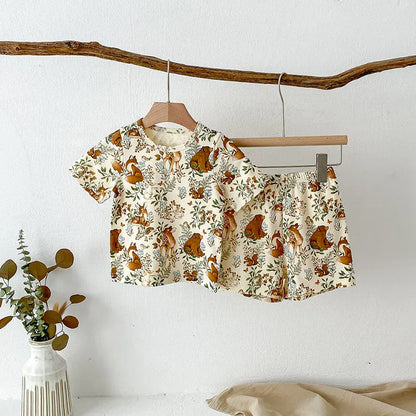 半袖セットアップ forest party / 9-12M 80cm キッズセットアップ 2点セット 半袖Tシャツ+ショートパンツ ルームウェア アニマルプリント【mh0005917】