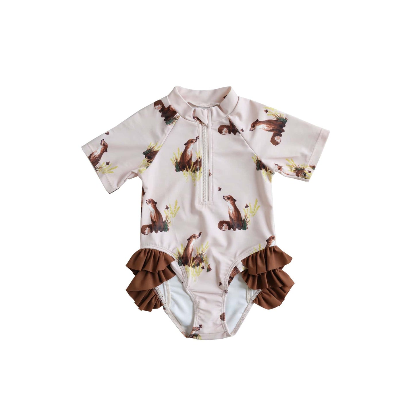 ベビー用水着 fox / 80 キッズ水着 ダックあひる/キツネプリント ガールズ半袖スイムウェア 帽子セット【mh0009081】