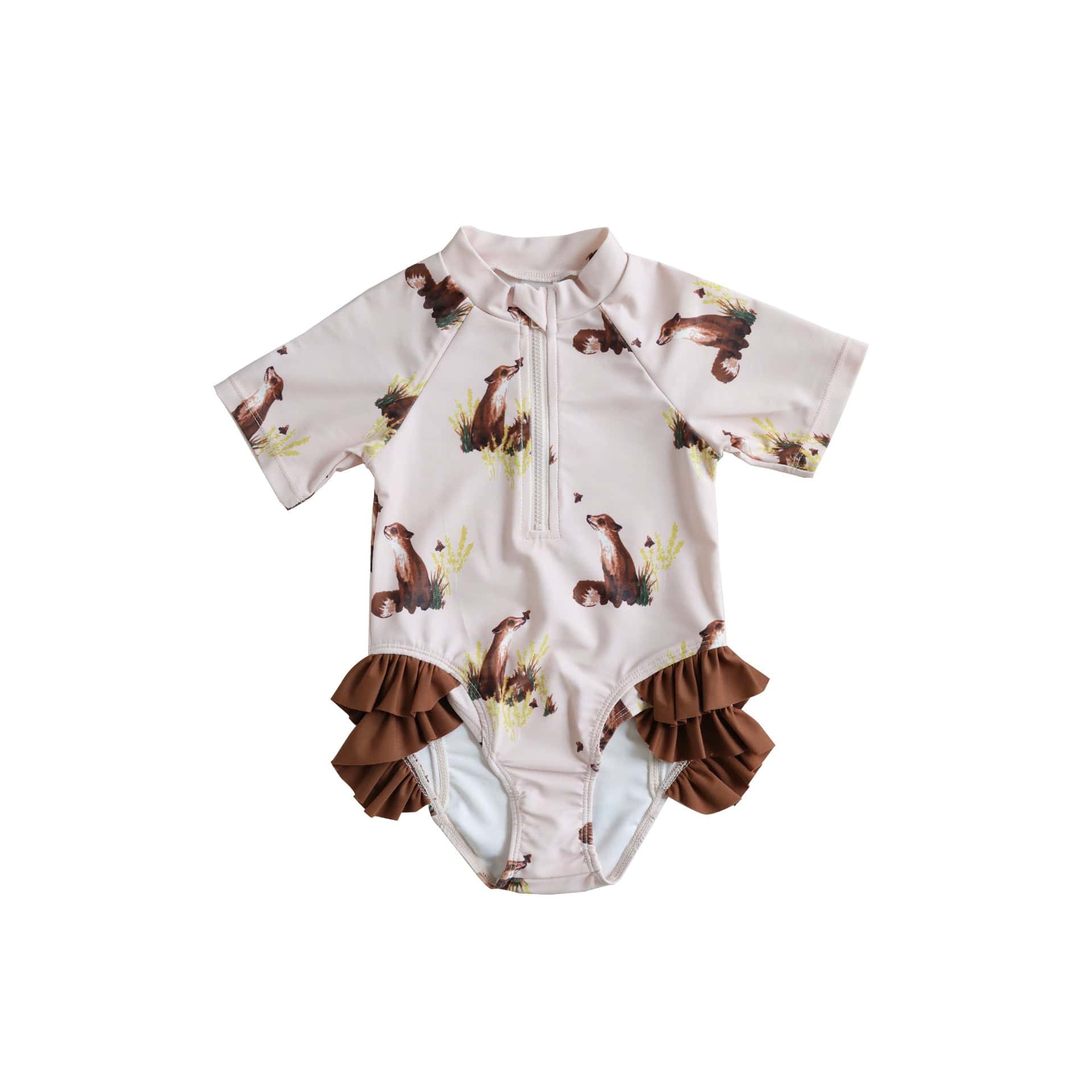 ベビー用水着 fox / 80 キッズ水着 ダックあひる/キツネプリント ガールズ半袖スイムウェア 帽子セット【mh0009081】