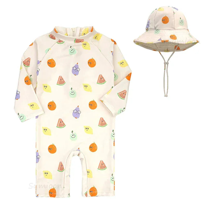 ベビー用水着 fruit with hat / 1-2Yrs キッズ水着 帽子セット 長袖ラッシュガード つなぎ ワンピース アニマル フラワープリント スイムウェア