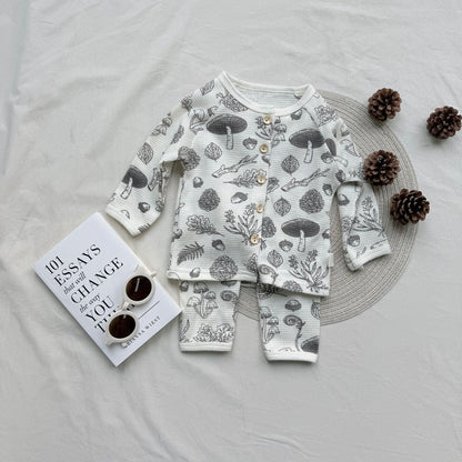 長袖パジャマ Full print / 73cm waffle print long-sleeved tops pants two-piece suit【mh0009531】